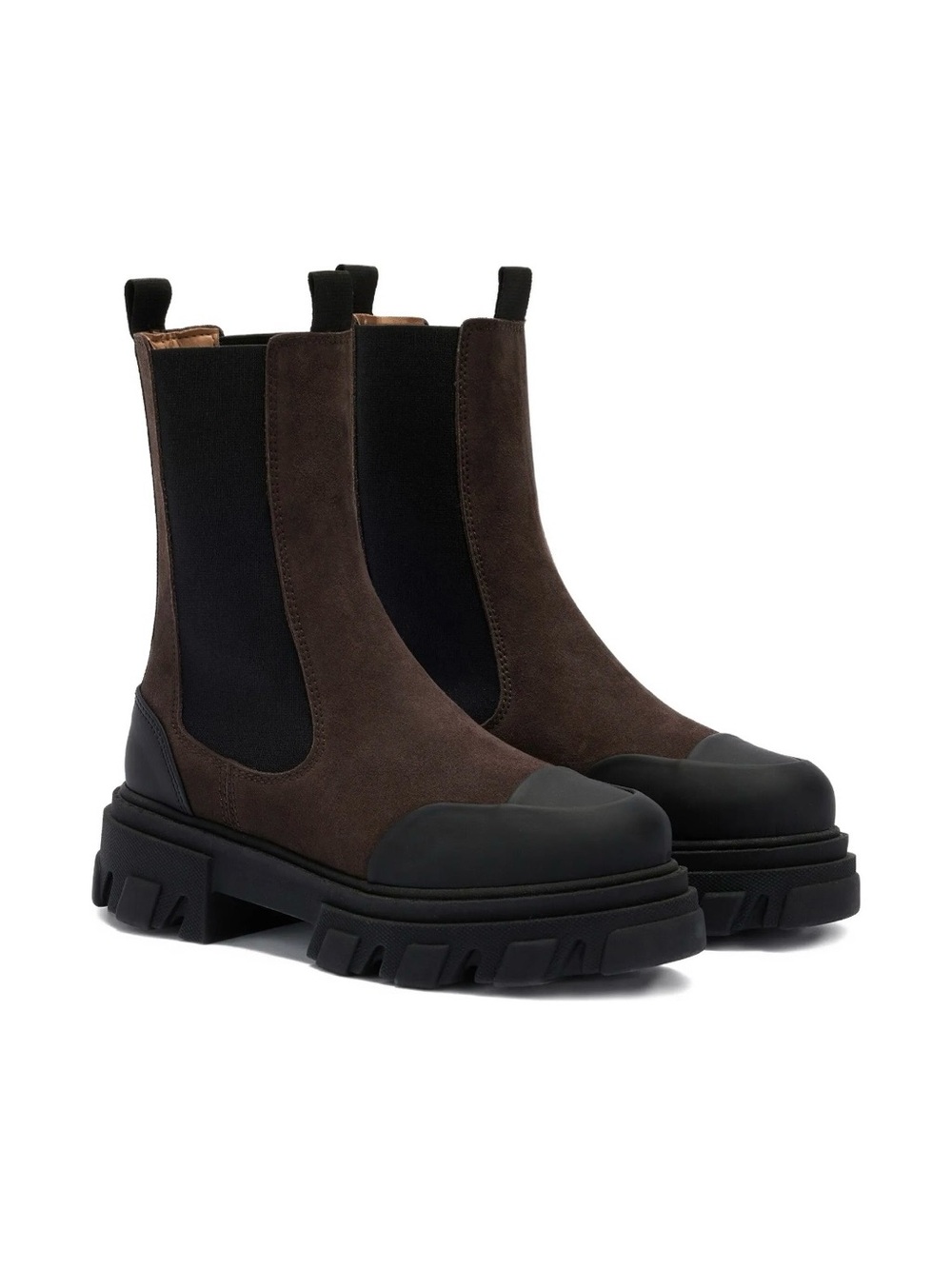 Ganni Cleated Mid Chelsea Boot Brown Suede and Black Chunky Sole BRAND NEW